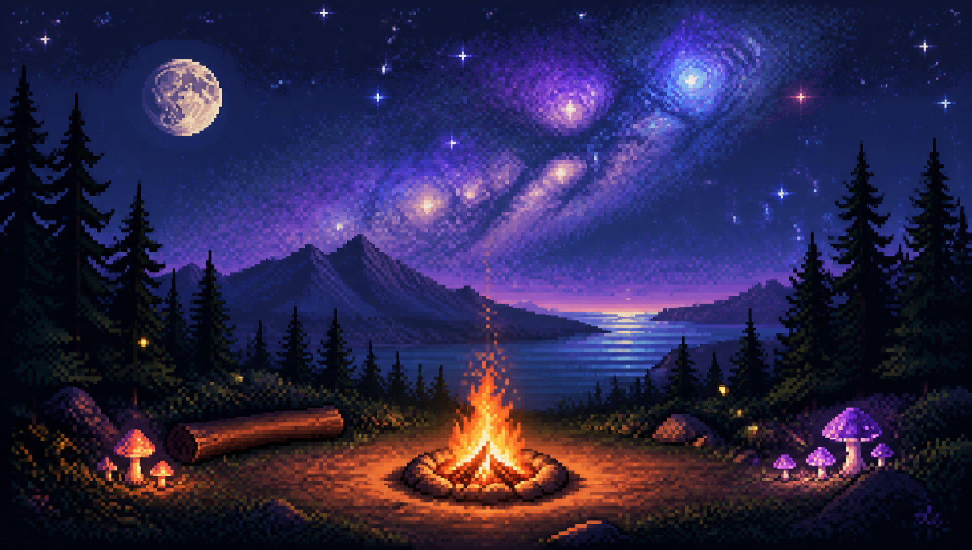 Pixel-art campfire glowing at night in a forest clearing beneath a starry sky